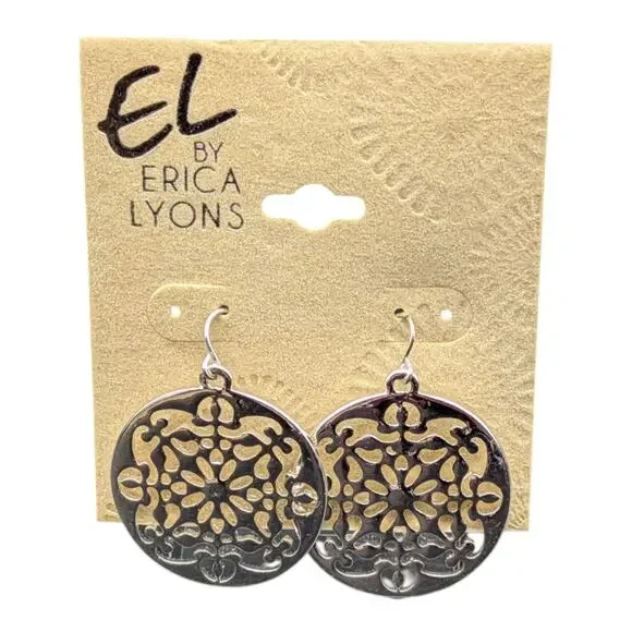 EL by Erica Lyons Silver Tone Filigree Drop Earrings Round Boho Dangle NWT - Picture 6 of 11